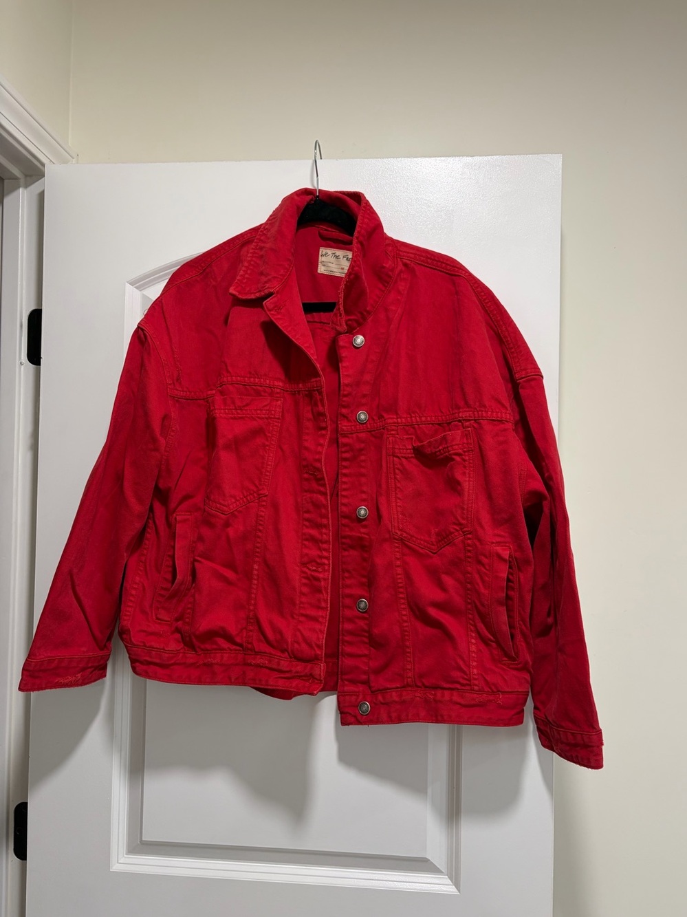Free People We The Free Opal Swing Denim Jacket in Red - Size M.